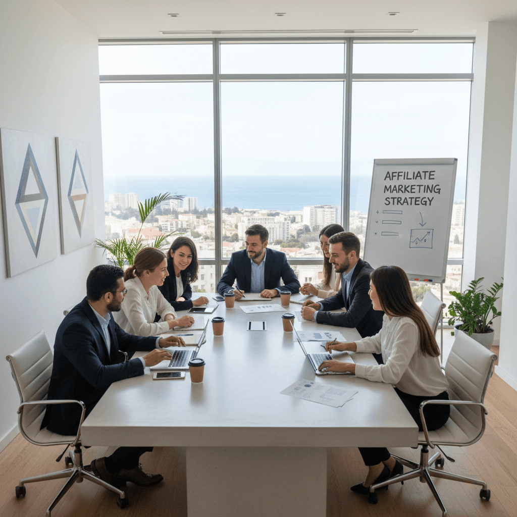 Diverse business team collaborating during meeting in modern conference room with natural lighting and professional atmosphere