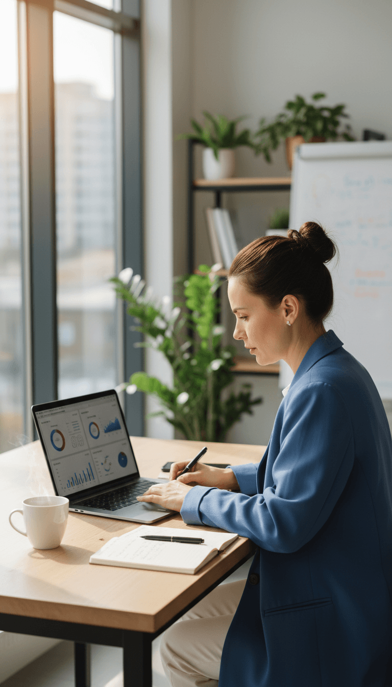 Professional working on affiliate marketing strategy at clean modern workspace