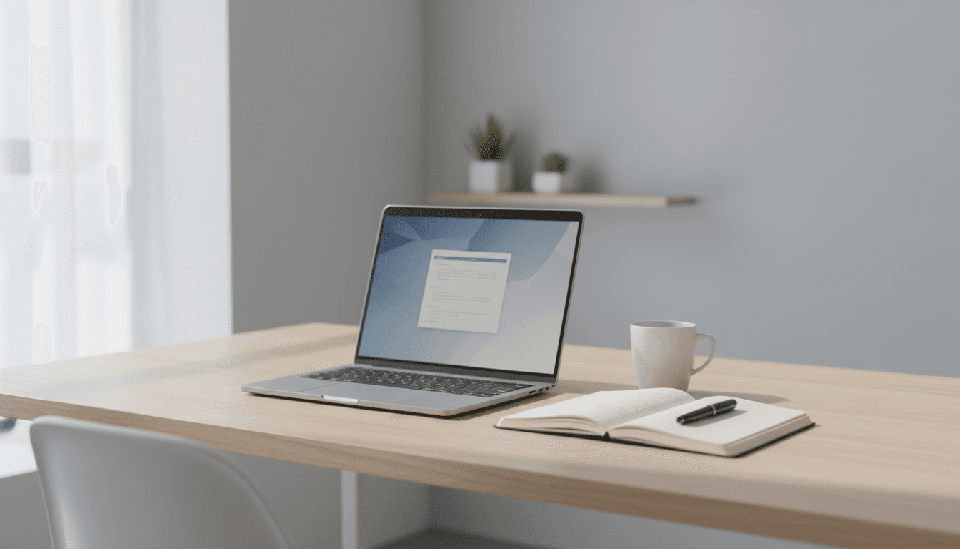 Clean minimalist workspace showing laptop and notebook on desk with natural lighting