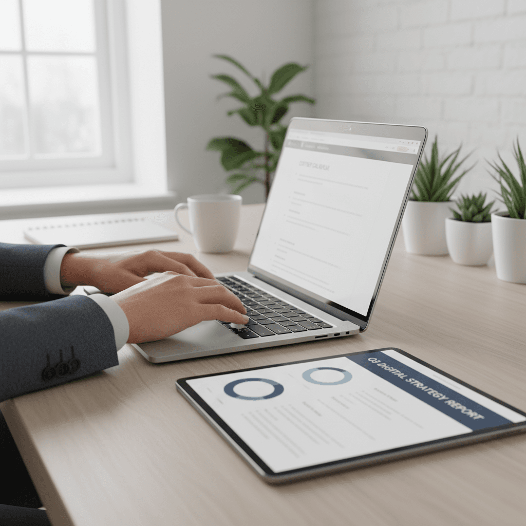 Professional marketer working at clean modern desk with laptop