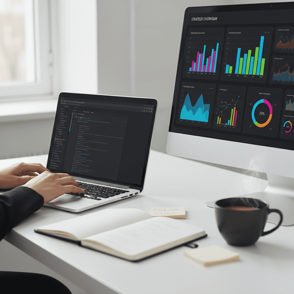 Professional working on laptop at modern desk with digital marketing setup