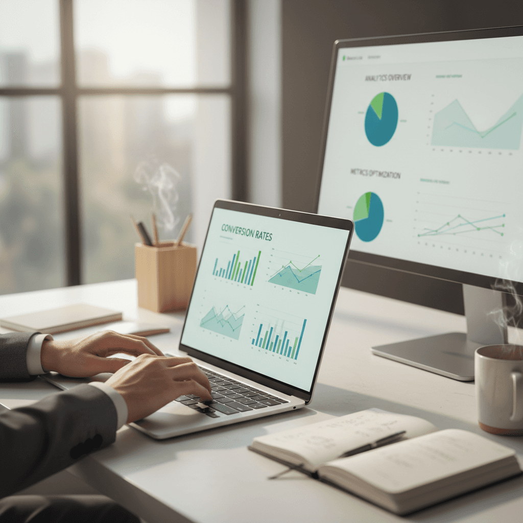 Affiliate marketer working at desk with analytics and strategy tools